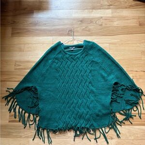 NWOT Jessica London Forest Green Cable-Knit Fringe Poncho Sweater